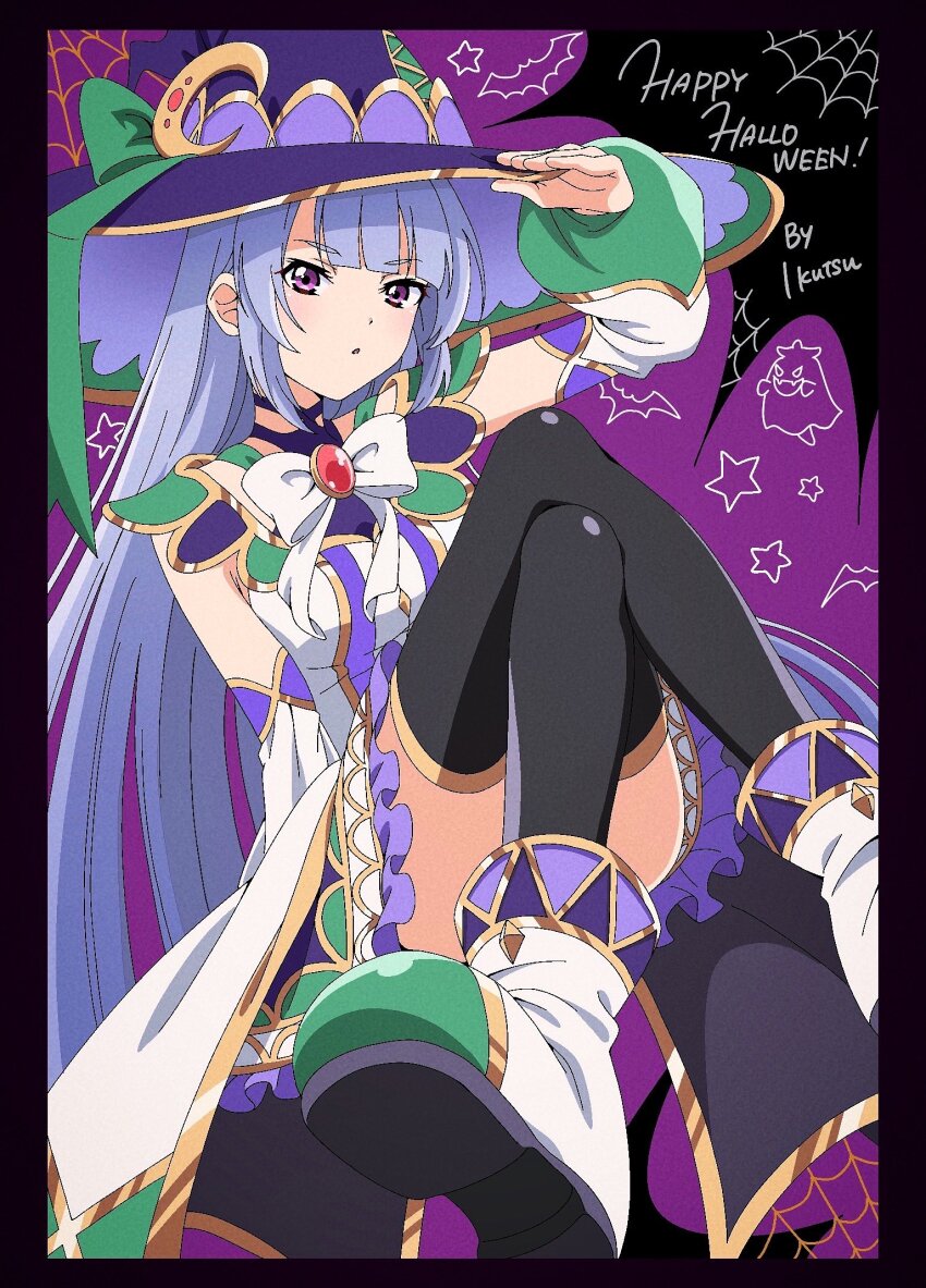 1girl arm_at_side arm_up artist_name bat_(animal) black_background black_border black_choker black_thighhighs blunt_bangs blush boots border bow bowtie breasts brooch choker commentary_request convenient_leg crescent crescent_hat_ornament crossed_legs detached_sleeves dress foot_out_of_frame frilled_dress frills green_boots green_bow grey_hair halloween hand_on_own_head happy_halloween hat hat_bow hat_ornament highres ikutsu invisible_chair jewelry long_hair long_sleeves looking_at_viewer medium_breasts multicolored_boots official_alternate_costume parted_lips puffy_detached_sleeves puffy_sleeves purple_background purple_eyes purple_hat shoe_soles shoujo_kageki_revue_starlight shoujo_kageki_revue_starlight_-re_live- sitting sleeveless sleeveless_dress solo spider_web_background star_(symbol) thighhighs two-tone_background two-tone_boots very_long_hair waist_cape white_border white_bow white_bowtie white_dress witch_hat yukishiro_akira