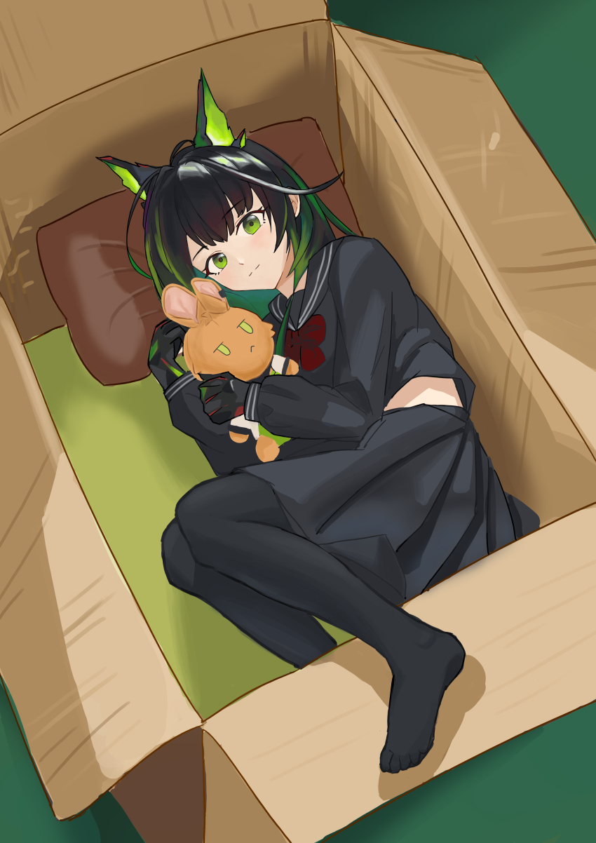 1girl absurdres ahoge alternate_costume arknights black_gloves black_hair black_pantyhose black_sailor_collar black_serafuku black_shirt bow bowtie box cardboard_box chinese_commentary closed_mouth commentary_request full_body gloves green_eyes green_hair head_on_pillow highres holding holding_stuffed_toy huge_ahoge in_box in_container long_sleeves looking_at_viewer lying medium_hair mon3tr_(arknights) no_shoes on_side pantyhose pillow red_bow red_bowtie sailor_collar school_uniform serafuku shirt smile solo stuffed_animal stuffed_toy yunku099