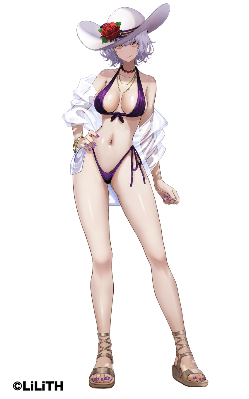 1girl bead_necklace beads bikini bracelet breasts character_request cleavage closed_mouth collarbone contrapposto curvy eyebrows_hidden_by_hair flower front-tie_bikini_top front-tie_top full_body hair_between_eyes hand_on_own_hip hanekura_bou hat hat_flower highleg highleg_bikini highres jacket jewelry large_breasts looking_at_viewer medium_hair nail_polish necklace off_shoulder official_art purple_bikini purple_nails rose sandals see-through_clothes see-through_jacket side-tie_bikini_bottom sidelocks silver_hair simple_background smile solo standing sun_hat swimsuit tachi-e taimanin_(series) taimanin_rpgx thong_bikini toenail_polish toenails watermark white_background white_hat yazaki_reiko yellow_eyes