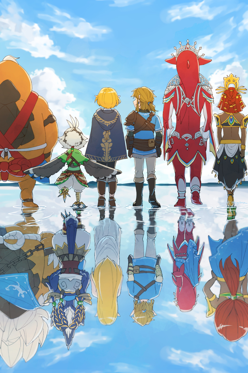 4girls 6+boys bird_boy champion&#039;s_tunic_(zelda) cloak colored_skin dark-skinned_female dark_skin daruk different_reflection from_behind gerudo goron highres link long_hair maya_(mayamayammy) mipha multiple_boys multiple_girls nintendo orange_skin princess_zelda red_skin reflection revali riju rito short_hair sidon standing standing_on_liquid talons the_legend_of_zelda the_legend_of_zelda:_breath_of_the_wild the_legend_of_zelda:_tears_of_the_kingdom tulin_(zelda) urbosa walking winged_arms wings yunobo zora