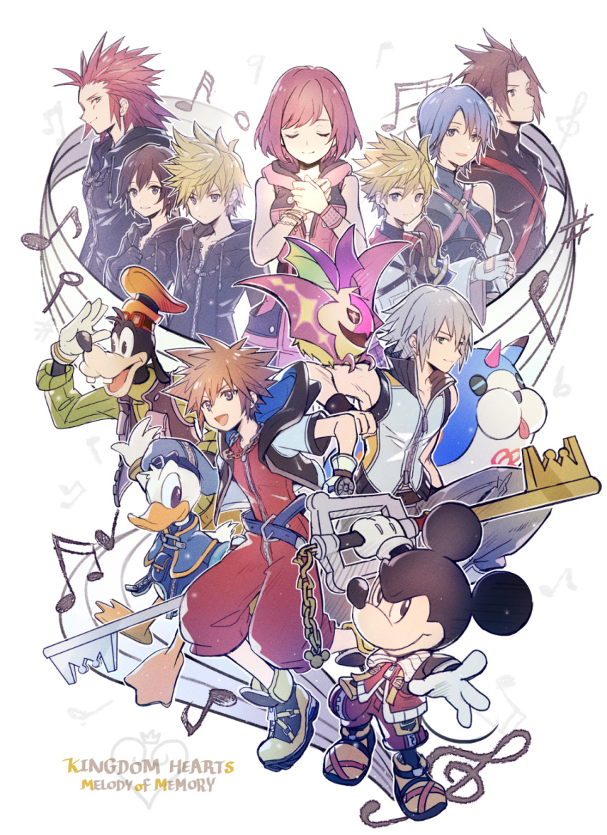 3girls 6+boys aqua_(kingdom_hearts) axel_(kingdom_hearts) bat_(animal) bird black_hair black_robe blonde_hair blue_eyes blue_hair blue_hat breasts brown_hair closed_eyes creature cropped_jacket dog donald_duck dream_eater_(kingdom_hearts) dress duck facial_mark goofy green_sweater grey_hair hair_between_eyes hair_slicked_back hands_on_own_chest hat highres holding holding_weapon hood hood_down hooded_dress hooded_jacket hooded_robe jacket jumpsuit kairi_(kingdom_hearts) keyblade kingdom_hearts kingdom_hearts:_melody_of_memory kingdom_hearts_358/2_days kingdom_hearts_birth_by_sleep kingdom_hearts_iii looking_at_viewer medium_breasts medium_hair mickey_mouse mickey_mouse_&amp;_friends mouse_(animal) multiple_boys multiple_girls musical_note open_mouth parted_bangs pink_dress red_hair red_jumpsuit riku_(kingdom_hearts) robe roxas salute shirt short_hair short_jumpsuit sideburns sleeveless sleeveless_dress sleeveless_shirt smile sora_(kingdom_hearts) spiked_hair sweater terra_(kingdom_hearts) ventus_(kingdom_hearts) weapon white_background wristband xion_(kingdom_hearts) yellow_hat yurichi_(artist)