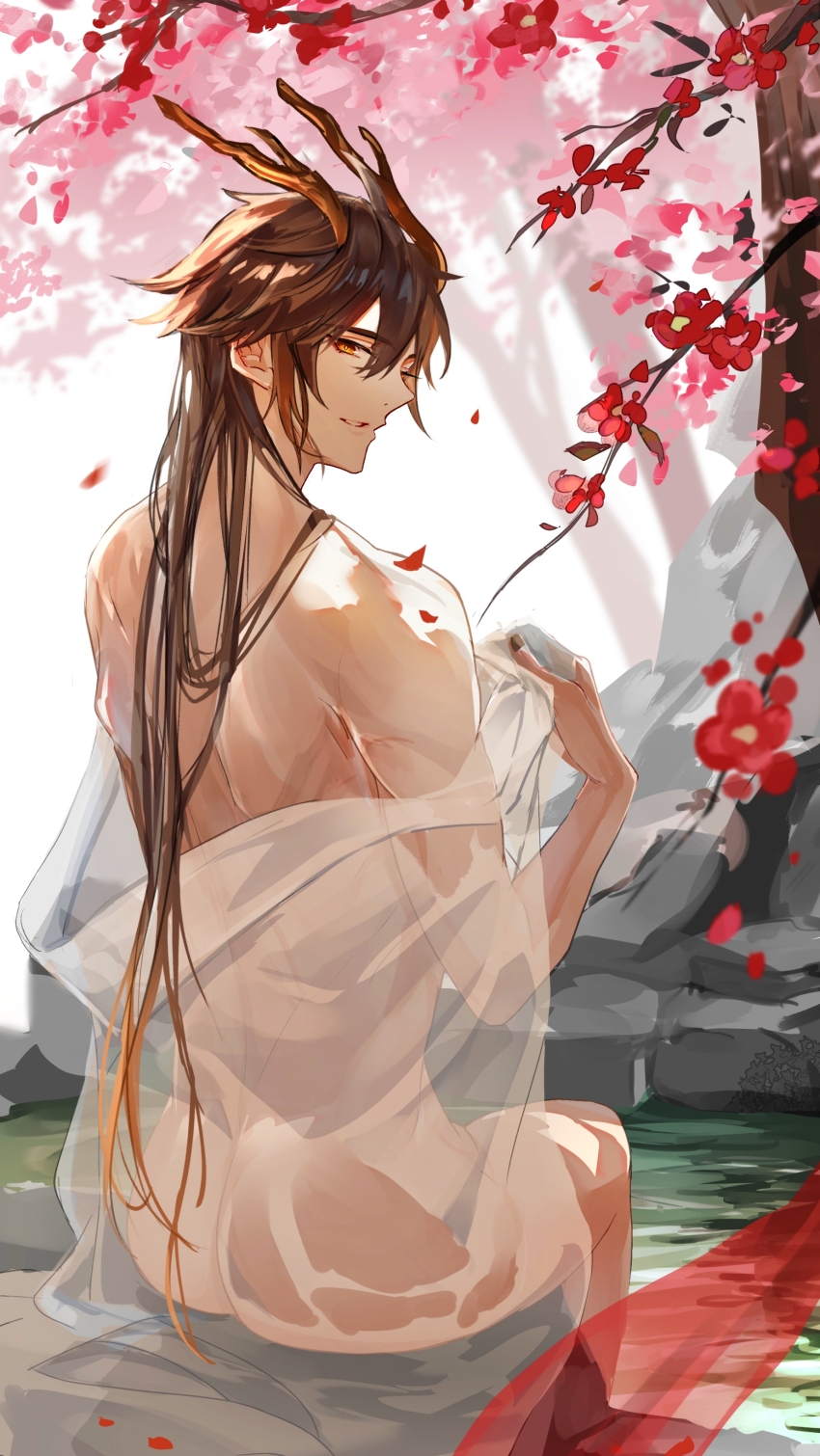 1boy absurdres alternate_hairstyle bathing dragon_horns eyeliner flower genshin_impact highres horns image_sample lake_ashi long_hair looking_at_viewer makeup ntk_jz outdoors pixiv_sample plum_blossoms red_eyeliner robe see-through_robe solo tree zhongli_(genshin_impact)