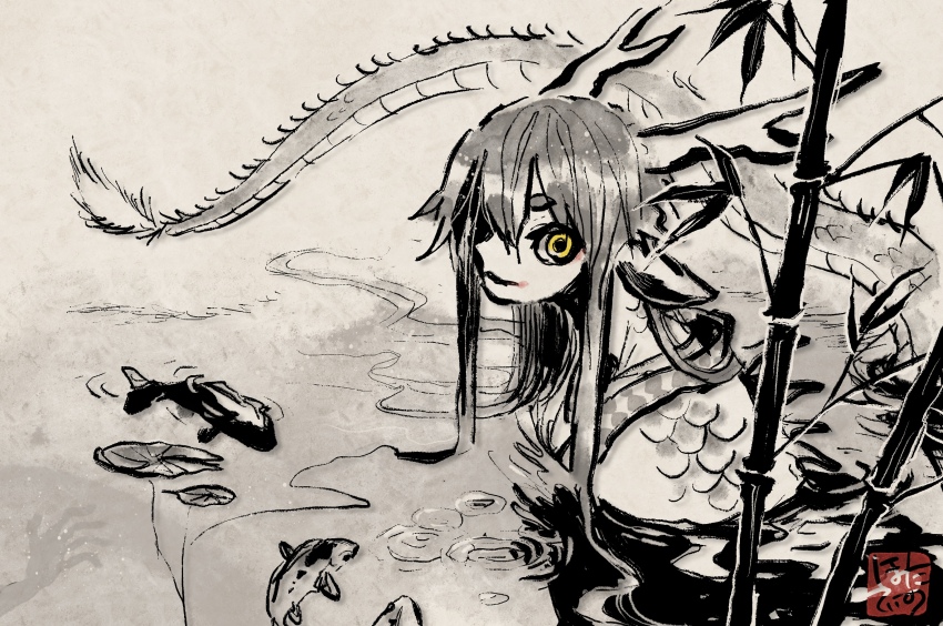 1boy animal animal_ears bamboo commentary_request dragon_boy dragon_ears dragon_horns dragon_tail eastern_dragon_horns eastern_dragon_tail fish hair_ornament highres horns hotathino japanese_clothes kimono koi long_hair looking_at_viewer male_focus original outdoors partially_submerged scales solo spot_color sumi-e tail upper_body water yellow_eyes