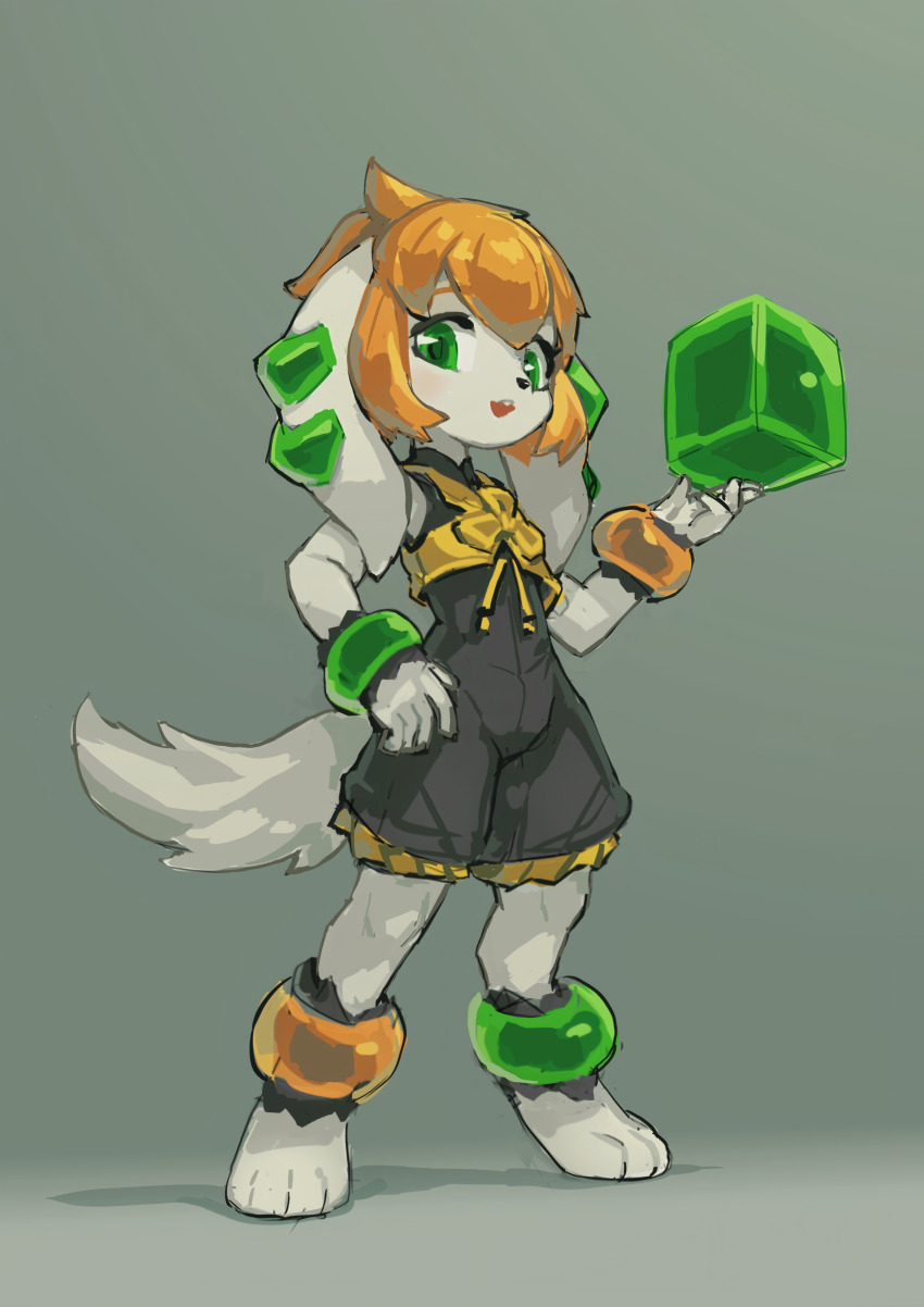 1girl 2018 absurdres ahoge animal_ears anklet bag barefoot basset_hound bracelet breasts chinese_clothes chinese_knot crop_top cube digitigrade dog dog_ears dog_girl dog_tail freedom_planet freedom_planet_2 furry furry_female green_eyes highres jewelry krita_(medium) looking_at_viewer milla_basset non-web_source orange_hair romper simple_background small_breasts standing tail tsurime tyson_tan wristband
