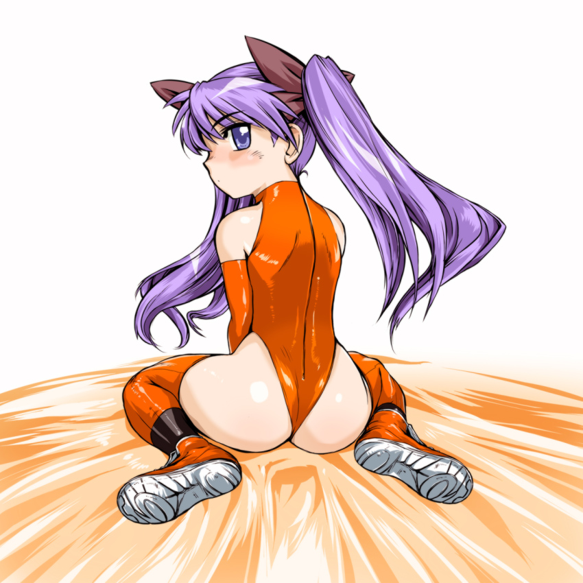 00s 1girl ass blush boots bow elbow_gloves ez6 female_focus from_behind gloves hair_bow highres hiiragi_kagami latex leotard long_hair looking_back lucky_star orange_gloves orange_thighhighs purple_eyes purple_hair simple_background sitting solo thigh_boots thighhighs thong_leotard twintails wariza