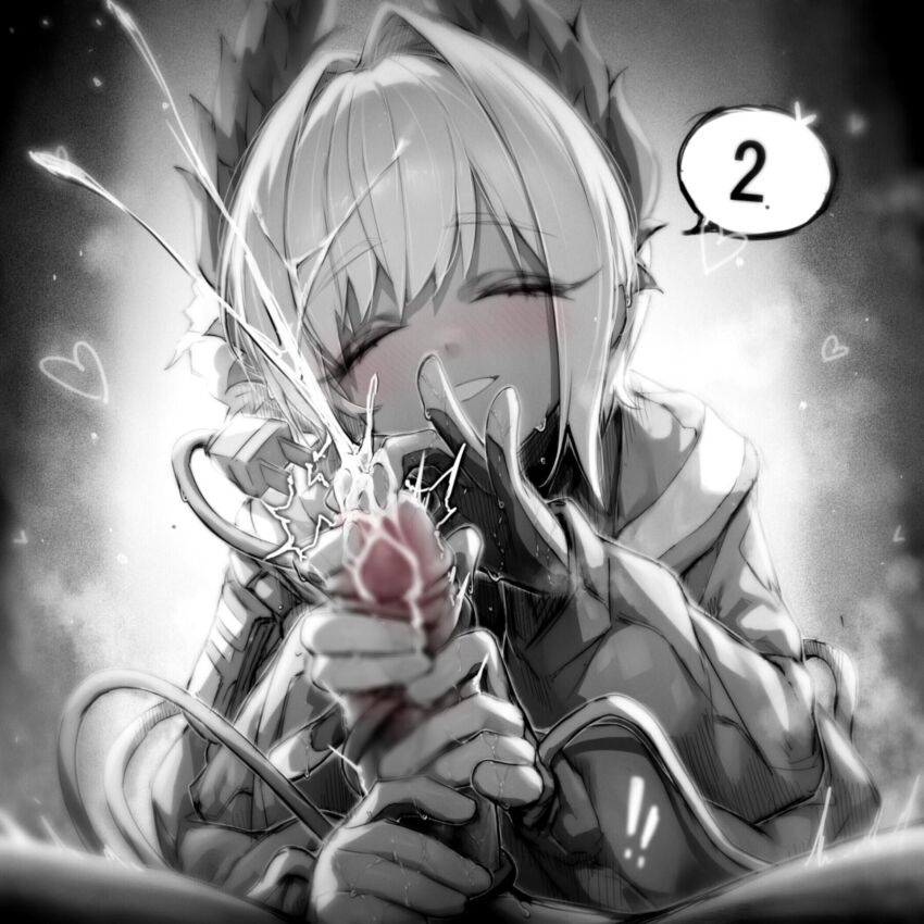 1boy 1girl arknights bird_girl blur_censor blush cable cable_tail censored chinese_commentary closed_eyes commentary_request cum cum_on_hair ejaculation electric_plug electric_plug_tail extra_arms feathers flower gloves greyscale grin hair_flower hair_ornament handjob head_wings heart hetero highres kupa_(jesterwii) large_variant_set mechanical_tail monochrome paid_reward_available parted_lips penis pov pov_crotch raidian_(arknights) short_hair smile solo_focus speech_bubble spot_color tail tail_wrap teeth variant_set wings