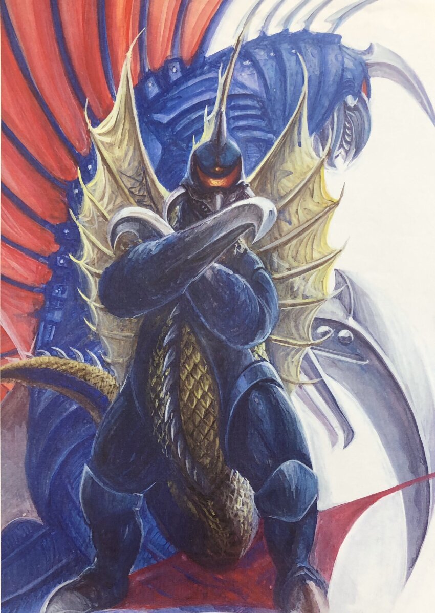 alien buzzsaw_(tool) cyborg dual_persona fins g.n.a gigan glowing glowing_eyes godzilla:_final_wars godzilla_(series) godzilla_vs._gigan highres kaiju no_humans one-eyed red_eyes scythe simple_background spikes tail toho white_background
