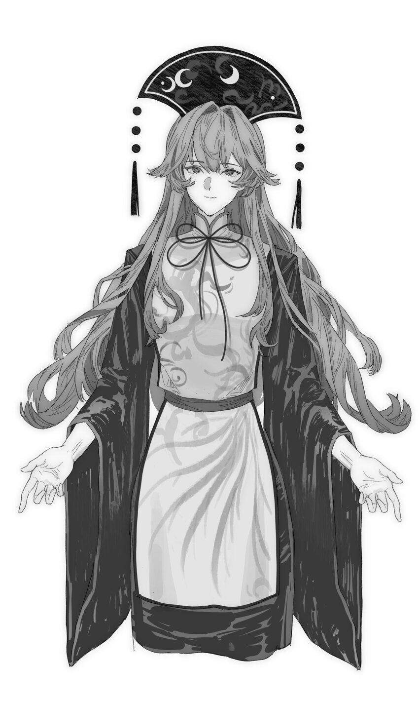 1girl belt closed_mouth commentary crescent_print cropped_legs dalachi_(headdress) dress eyelashes floral_print greyscale hair_between_eyes hair_intakes happy hat_tassel highres junko_(touhou) long_dress long_hair long_sleeves looking_at_viewer mandarin_collar monochrome neck_ribbon palms print_headwear print_tabard ribbon simple_background smile solo standing symbol-only_commentary tabard tansuyuli touhou very_long_hair wavy_hair white_background wide_sleeves