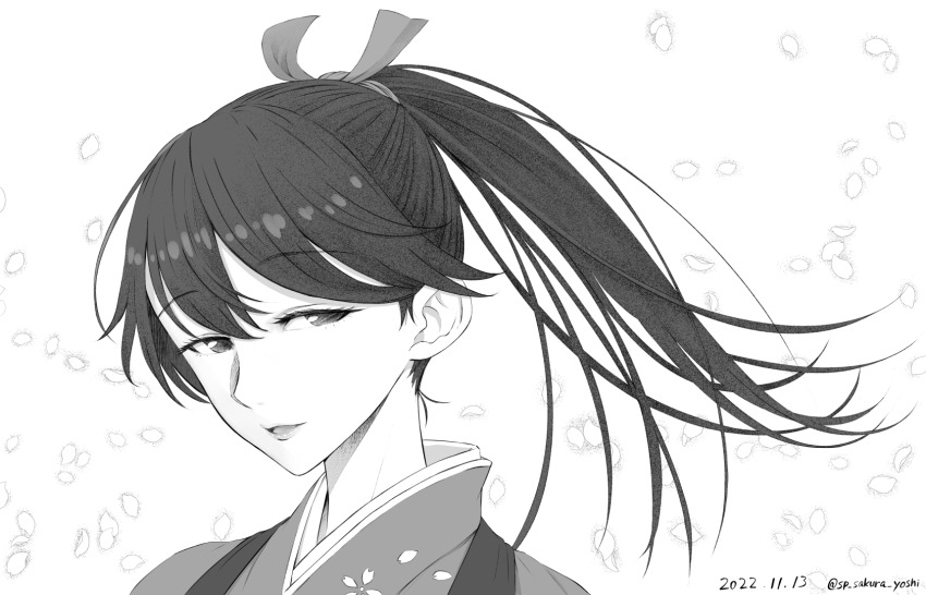 1girl commentary_request dated greyscale hair_ribbon highres houshou_(kancolle) japanese_clothes kantai_collection kimono monochrome parted_lips petals ponytail portrait ribbon smile solo twitter_username yuichi_(sp_sakura_yoshi)