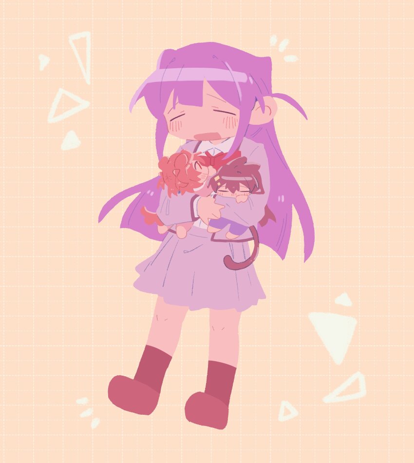 3girls =_= aijou_karen animal_ears barefoot black_hair black_socks blue_pants blunt_bangs blush bow bowtie brown_footwear carrying carrying_multiple_people carrying_person cat_ears cat_girl cat_tail closed_eyes closed_mouth collared_shirt covered_mouth full_body grey_jacket grey_skirt grid_background hair_ornament hand_on_another&#039;s_arm hand_on_another&#039;s_chest hand_up hands_up highres jacket kagura_hikari kemonomimi_mode kneehighs long_hair long_sleeves looking_at_another mini_person minigirl miniskirt multiple_girls notice_lines open_clothes open_jacket open_mouth orange_background orange_hair outstretched_arm pants pink_pants pink_shirt pleated_skirt purple_hair raised_eyebrows red_bow red_bowtie red_eyes rei931218 school_uniform seishou_music_academy_uniform shirt shirt_tucked_in shoes short_hair shoujo_kageki_revue_starlight sidelocks skirt socks sparkle_hair_ornament standing tail triangle tsuyuzaki_mahiru two_side_up white_shirt