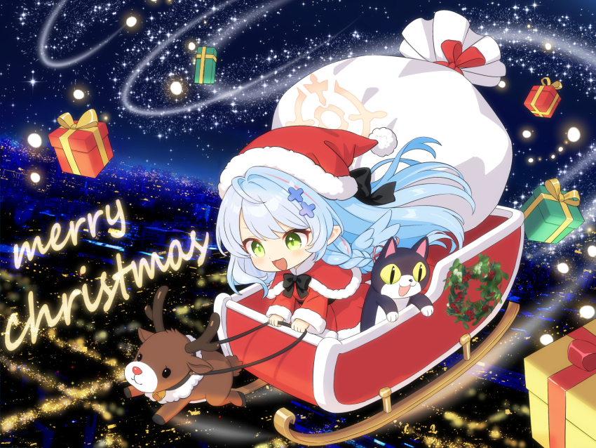 1girl :d aged_down alternate_costume black_bow black_bowtie blue_archive blue_hair blue_wings blush bow bowtie box braid capelet child christmas colored_sclera commentary_request dress feathered_wings floating_hair fur-trimmed_capelet fur-trimmed_dress fur_trim gift gift_bag gift_box green_eyes hair_bow hair_intakes halo happy hat highres light_particles long_hair looking_ahead midair mine_(blue_archive) multicolored_hair mutsuse night night_sky open_mouth orange_halo outdoors pink_hair pointy_ears red_capelet red_dress reindeer santa_capelet santa_costume santa_dress santa_hat single_braid sky sleigh slit_pupils smile solo sparkle streaked_hair stuffed_animal stuffed_cat stuffed_toy very_long_hair wavecat_(blue_archive) wings yellow_sclera