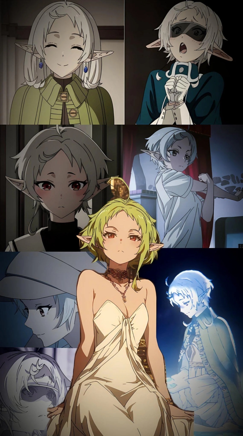 1girl ahoge bare_shoulders blue_earrings blush breasts brown_hat capelet cleavage closed_eyes closed_mouth dot_nose dress elf embarrassed female_focus fingernails glasses gloves green_capelet green_hair green_sweater hat highres jewelry long_fingernails long_skirt long_sleeves looking_at_viewer medium_breasts medium_hair miniskirt mushoku_tensei necklace no_bra open_mouth pleated_skirt pointy_ears puffy_long_sleeves puffy_sleeves red_eyes sexually_suggestive shirt short_sleeves skirt sleeveless sleeveless_dress small_breasts smile solo solo_focus stitched sweater sylphiette_(mushoku_tensei) teeth third-party_edit white_dress white_gloves white_hair white_shirt white_skirt