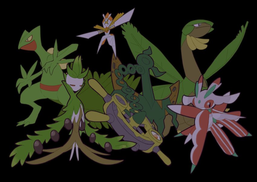 anchor arboliva black_background claws closed_eyes closed_mouth colored_sclera dhelmise gen_3_pokemon gen_7_pokemon highres kartana lurantis nintendo no_humans olive pokemon pokemon_(creature) sceptile simple_background tropius ultra_beast v_(govvvvw) wings yellow_sclera