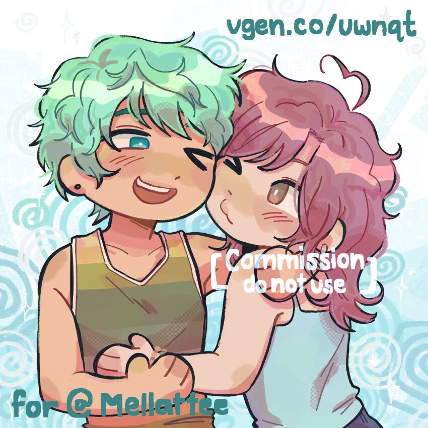 &gt;_&lt; 1boy 1girl 8wnqt ;3 arm_around_neck bead_bracelet beads blue_eyes blue_tank_top blush bracelet brown_eyes brown_hair commission commissioner_insert cove_holden double-parted_bangs earrings green_hair grin hetero highres holding_hands hoop_earrings jewelry leaning_on_person looking_at_another loose_hair_strand main_character_(our_life) one_eye_closed our_life our_life:_beginnings_and_always smile spaghetti_strap sparkling_eyes spiral_background stud_earrings swept_bangs tank_top teeth upper_body upper_teeth_only vgen_commission