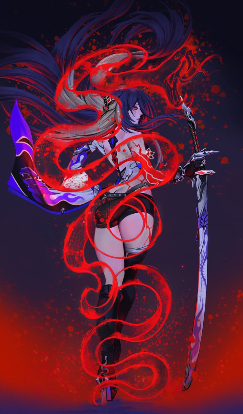 1girl absurdres acheron_(honkai:_star_rail) ass bare_shoulders black_boots black_shorts boots commentary highres holding holding_sword holding_weapon honkai:_star_rail honkai_(series) katana lunart scabbard sheath sheathed short_shorts shorts solo sword thigh_boots thighs weapon