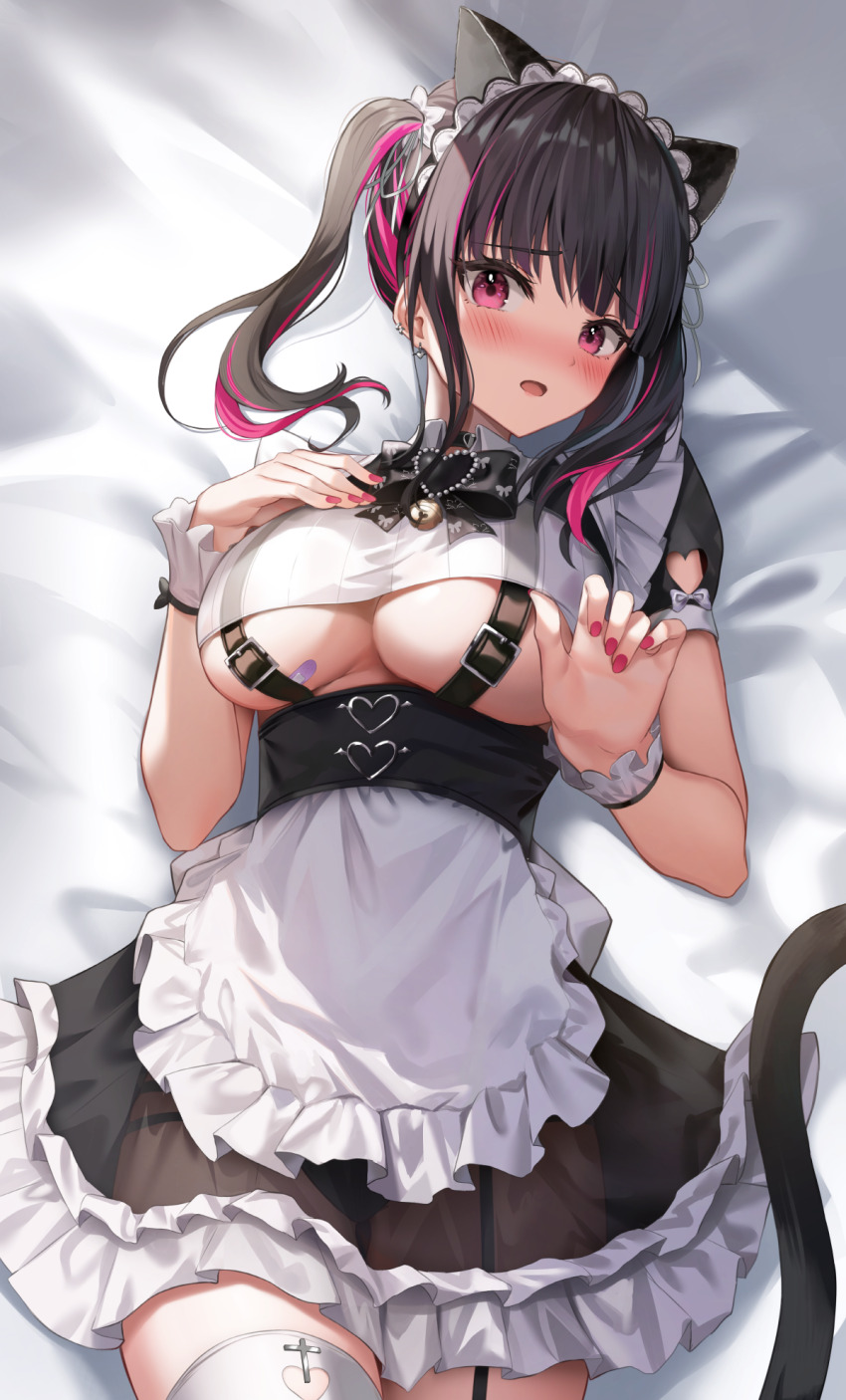 1girl animal_ears apron belt_bra black_bow black_bowtie black_hair blunt_bangs blush bow bowtie breasts commentary earrings garter_straps highres indie_virtual_youtuber jewelry large_breasts lying maid maid_apron maid_headdress medium_breasts multicolored_hair nail_polish on_bed purple_hair rikotan_(vtuber) shuvi_(shuvi1125) side_ponytail single_garter_strap solo thighhighs underboob virtual_youtuber waist_apron white_thighhighs wrist_cuffs
