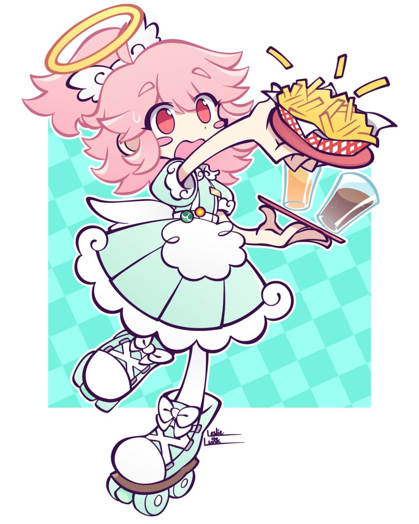 1girl angel apron aqua_background arm_up blonde_hair blush_stickers border borrowed_character bow checkered_background clumsy collared_dress commission cup deformed dot_nose dress drink dual_wielding flipped_bangs flipped_hair food footwear_bow french_fries glass green_dress green_footwear hair_ornament halo high_ponytail highres holding holding_tray leslietheluna low_wings medium_hair mini_wings no_pupils open_mouth original pale_skin parody pink_hair ponytail puffy_short_sleeves puffy_sleeves puyopuyo raised_eyebrows red_eyes roller_skates short_sleeves sidelocks signature skates solo standing standing_on_one_leg style_parody sweatdrop tray waist_apron wavy_mouth white_apron white_background white_border white_wings wing_hair_ornament winged_hair_tie wings yellow_halo