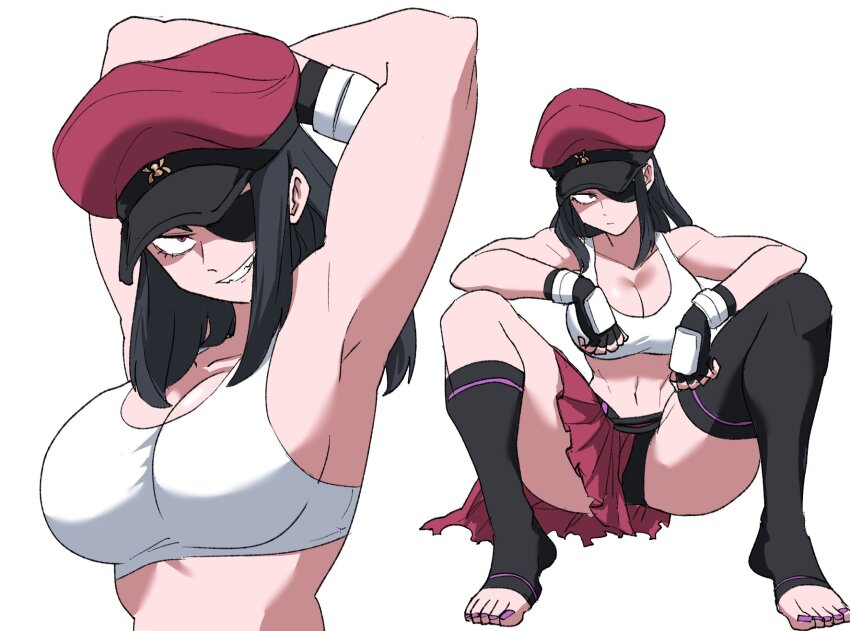 arms_behind_head black_hair breasts crop_top eyepatch fingerless_gloves gloves han_juri hat highres medium_hair midriff nasu_(ilo_a5) official_alternate_costume purple_eyes red_hat red_skirt seiza sitting skirt street_fighter street_fighter_v