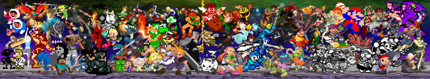 3d 6+boys 6+girls absolutely_everyone absurdres amamiya_ren animal_crossing annotated arms_(game) banjo-kazooie banjo_(banjo-kazooie) bayonetta bayonetta_(series) bayonetta_1 blonde_hair blue_dress blue_hair blue_pikmin blue_tunic bowser bowser_jr. buster_sword captain_falcon castlevania_(series) champion&#039;s_tunic_(zelda) charizard chrom_(fire_emblem) closed_eyes cloud_strife corrin_(fire_emblem) corrin_(male)_(fire_emblem) creatures_(company) crossed_arms crossover dark_pit dark_samus diddy_kong dog_(duck_hunt) donkey_kong donkey_kong_(series) donkey_kong_country doseisan dougi dr._mario dr._mario_(game) dragon_quest dragon_quest_xi dress duck_(duck_hunt) duck_hunt egg everyone f-zero falco_lombardi family_computer_robot fatal_fury final_fantasy final_fantasy_vii fire fire_emblem fire_emblem:_path_of_radiance fire_emblem:_shadow_dragon_and_the_blade_of_light fire_emblem:_three_houses fire_emblem_awakening fire_emblem_fates flying_kick fox_mccloud game_&amp;_watch game_freak gen_1_pokemon gen_2_pokemon gen_4_pokemon gen_6_pokemon gen_7_pokemon gorilla green_hair green_hat green_tunic greninja gun hat hero_(dq11) highres holding holding_gun holding_pickaxe holding_shield holding_sword holding_weapon hylian_shield ice_climber ike_(fire_emblem) incineroar incredibly_absurdres inkling_girl inkling_player_character isabelle_(animal_crossing) ivysaur jacket jigglypuff joker_(persona_5) kazooie_(banjo-kazooie) ken_masters keyblade kicking kid_icarus kid_icarus_(nes) kid_icarus_uprising king_dedede king_k._rool kingdom_hearts kirby kirby_(series) legendary_pokemon link little_mac long_image lucario lucas_(mother_3) lucina_(fire_emblem) luigi luigitko luma_(mario) male_byleth_(fire_emblem) mario mario_(series) marth_(fire_emblem) master_sword mega_man_(character) mega_man_(classic) mega_man_(series) meta_knight metal_gear_(series) metroid metroid:_zero_mission metroid_(classic) metroid_prime mewtwo mii_brawler_(smash_4) mii_gunner_(smash_4) mii_swordfighter_(smash_4) min_min_(arms) minecraft mishima_kazuya monkey morgana_(persona_5) mother_(series) mother_2 mother_3 mr._game_&amp;_watch multiple_boys multiple_girls mythra_(xenoblade) nana_(ice_climber) nessa_(pokemon) nintendo olimar open_mouth pac-man pac-man_(game) persona persona_5 pichu pickaxe pikachu pikmin_(series) piranha_plant pit_(kid_icarus) pixel_art pokemon popo_(ice_climber) princess_daisy princess_peach princess_zelda punch-out!! pyra_(xenoblade) red_(pokemon) red_hair red_jacket red_pikmin rehydrated_ganondorf retro_artstyle richter_belmont ridley robin_(fire_emblem) robin_(male)_(fire_emblem) rosalina roy_(fire_emblem) ryu_(street_fighter) salute samus_aran sephiroth sheik shield shulk_(xenoblade) simon_belmont solid_snake sonic_(series) sonic_the_hedgehog sora_(kingdom_hearts) splatoon_(series) splatoon_1 squirtle star_fox steve_(minecraft) street_fighter street_fighter_i super_mario_bros._1 super_mario_land_2 super_mario_world super_smash_bros. sword tekken terry_bogard the_king_of_fighters the_legend_of_zelda the_legend_of_zelda:_a_link_to_the_past the_legend_of_zelda:_breath_of_the_wild the_legend_of_zelda:_ocarina_of_time the_legend_of_zelda:_the_wind_waker toon_link tunic two-finger_salute uppercut villager_(animal_crossing) wario wario_land wario_land:_super_mario_land_3 warp_pipe weapon wide_image wii_fit wii_fit_trainer wii_fit_trainer_(female) wings wolf_o&#039;donnell xenoblade_chronicles_(series) xenoblade_chronicles_1 xenoblade_chronicles_2 yellow_pikmin yoshi young_link zero_suit