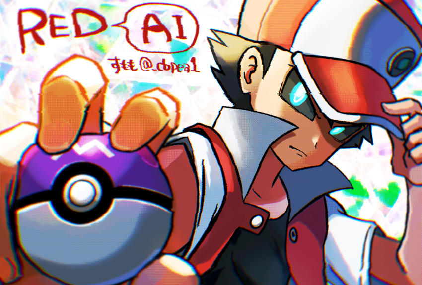 1boy aqua_eyes black_sclera black_shirt bright_pupils cbpea1 chromatic_aberration colored_sclera commentary_request hand_on_headwear hat highres holding holding_poke_ball jacket looking_at_viewer male_focus master_ball nintendo outstretched_arm poke_ball pokemon pokemon_rgby red_(pokemon) red_hat red_jacket shirt short_hair short_sleeves solo twitter_username upper_body white_background white_pupils