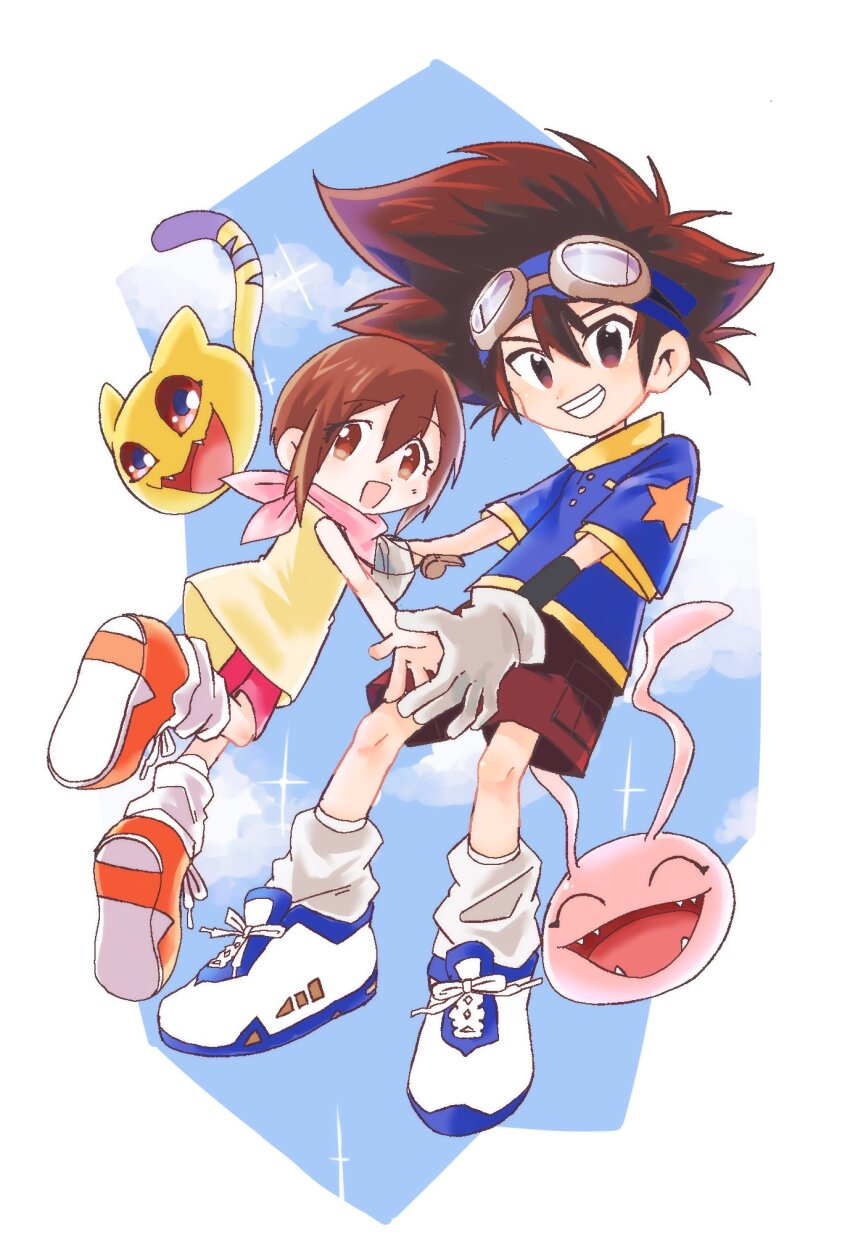 blue_headband blue_shirt brother_and_sister brown_shorts digimon digimon_(creature) digimon_adventure full_body goggles goggles_on_head group_picture headband highres koromon medium_hair megane_mochi nyaromon pink_shorts print_shirt shirt short_hair shorts siblings simple_background sleeveless sleeveless_shirt star_(symbol) star_print yagami_hikari yagami_taichi yellow_shirt