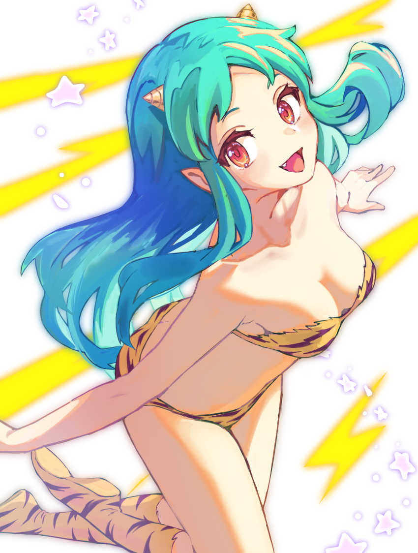 :d animal_print bikini blue_hair breasts cleavage cone_horns fang floating_hair flying full_body fur_bikini green_hair highres horns iridescent lightning_bolt_symbol long_hair looking_at_viewer lum medium_breasts multicolored_hair oni open_mouth outstretched_arms pointy_ears print_bikini print_boots red_eyes small_horns smile star_(symbol) strapless strapless_bikini striped_horns swimsuit tiger_panties tiger_print urusei_yatsura white_background yellow_bikini yellow_horns yukimi_95