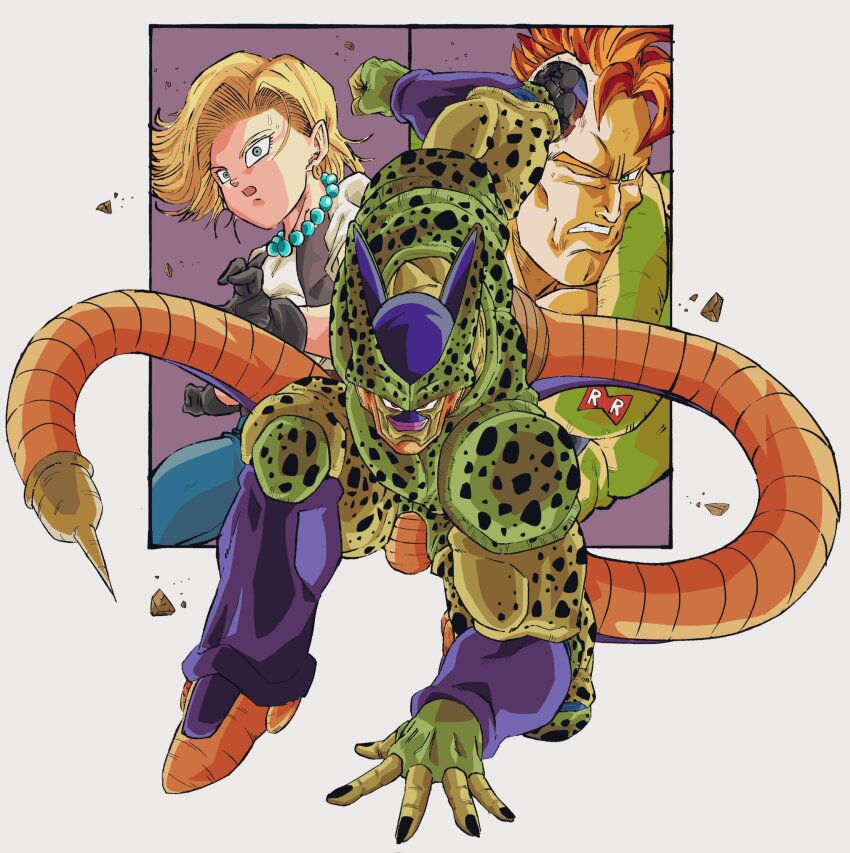 1girl 2boys android android_16 android_18 battle_damage bead_necklace beads black_gloves black_nails blonde_hair blue_eyes blue_pants cell_(dragon_ball) clenched_teeth colored_skin debris dragon_ball dragonball_z earrings full_body gloves green_skin hand_on_ground highres hoop_earrings jewelry lips looking_at_viewer male_focus mohawk multicolored_skin multiple_boys muscular muscular_male necklace no_nose oharu2000 one_eye_closed open_clothes open_mouth open_vest orange_hair pants red_eyes red_ribbon_army semi-perfect_cell simple_background stinger superhero_landing sweat tail teeth vest