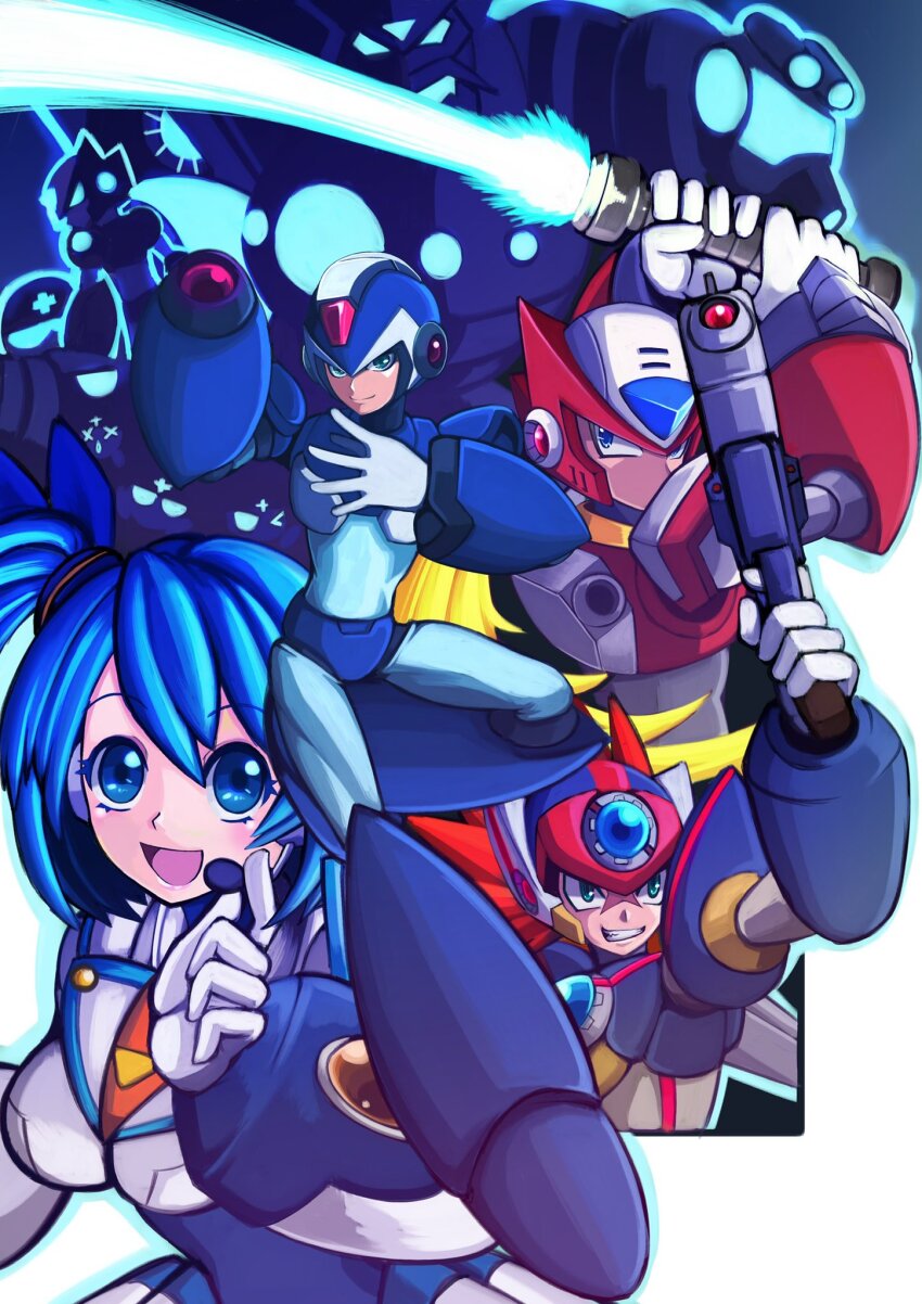 agetatekoron2 arm_cannon armor axl_(mega_man) black_armor black_helmet blonde_hair blue_armor blue_eyes blue_hair blue_helmet brown_hair cross_scar energy_gun energy_sword forehead_jewel green_eyes gun helmet highres holding holding_gun holding_sword holding_weapon long_hair looking_at_viewer mega_man_(series) mega_man_x_(series) mega_man_x_dive one_side_up ponytail red_armor red_helmet rico_(mega_man) scar scar_on_face smile spiked_hair sword weapon x_(mega_man) z_saber zero_(mega_man)