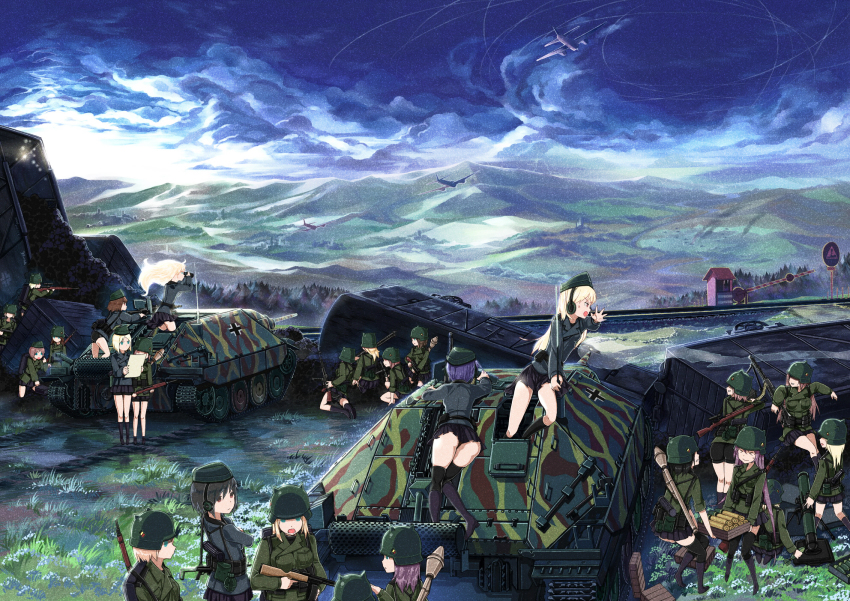 6+girls aircraft airplane ammunition artillery assault_gun bad_id bad_pixiv_id balkenkreuz black_hair blonde_hair blue_eyes bolt_action brown_eyes brown_hair caterpillar_tracks cloud combat_helmet cross drum_magazine garrison_cap germany gewehr_43 gun gun_shield hat helmet highres jagdpanzer_38(t) karabiner_98k leung_ka_che long_hair luftwaffe machine_gun magazine_(weapon) man-portable_anti-tank_systems mauser_98 mg_42 military military_uniform military_vehicle mortar_(weapon) motor_vehicle mp_40 multiple_girls nazi original panzerfaust ppsh-41 railroad_crossing railroad_tracks recoilless_gun rifle scenery self-propelled_artillery self-propelled_gun shell_(projectile) shield short_hair skirt sniper_rifle soldier stahlhelm submachine_gun tank tank_destroyer train turretless_tank vehicle war weapon wehrmacht world_war_ii