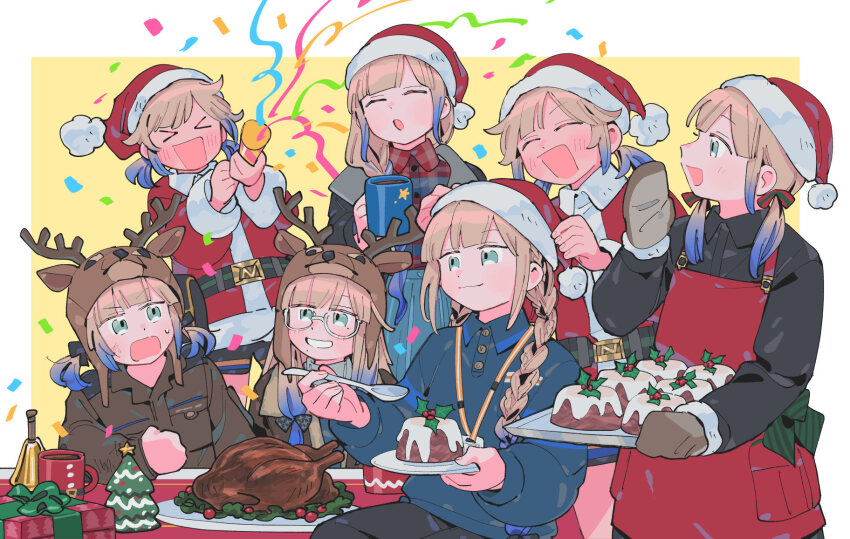 animal_costume antlers apron baker_nemo_(fate) bell blonde_hair blue_hair box braid cake captain_nemo_(fate) captain_nemo_(santa)_(fate) christmas christmas_cake christmas_tree closed_eyes collared_shirt confetti engineer_nemo_(fate) fate/grand_order fate_(series) food fur-trimmed_headwear fur_hat fur_trim gift gift_box glasses gradient_hair green_eyes grin hair_ribbon hat highres holding holding_party_popper holding_spoon horns low-tied_sidelocks low_twin_braids low_twintails marine_nemo_(fate) multicolored_hair nemo_(fate) nurse_nemo_(fate) oneroom-disco outside_border oven_mitts party_popper professor_nemo_(fate) red_headwear reindeer_costume reindeer_hat ribbon santa_costume santa_hat shirt sidelocks simple_background single_braid smile spoon square_background turkey_(food) twin_braids twintails ushanka