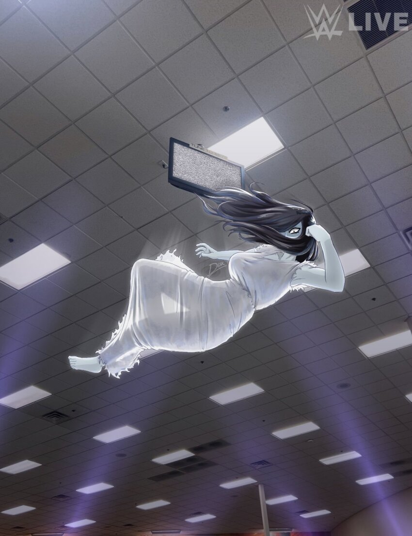 1girl barefoot black_hair breasts ceiling ceiling_light diskette dress falling fluorescent_lamp from_below full_body highres indoors large_breasts long_hair looking_at_viewer meme midair pale_skin photo_background sadako_ceiling_tv_redraws_(meme) solo television the_ring tile_ceiling tiles watermark white_dress wrestling wwe yamamura_sadako yellow_eyes