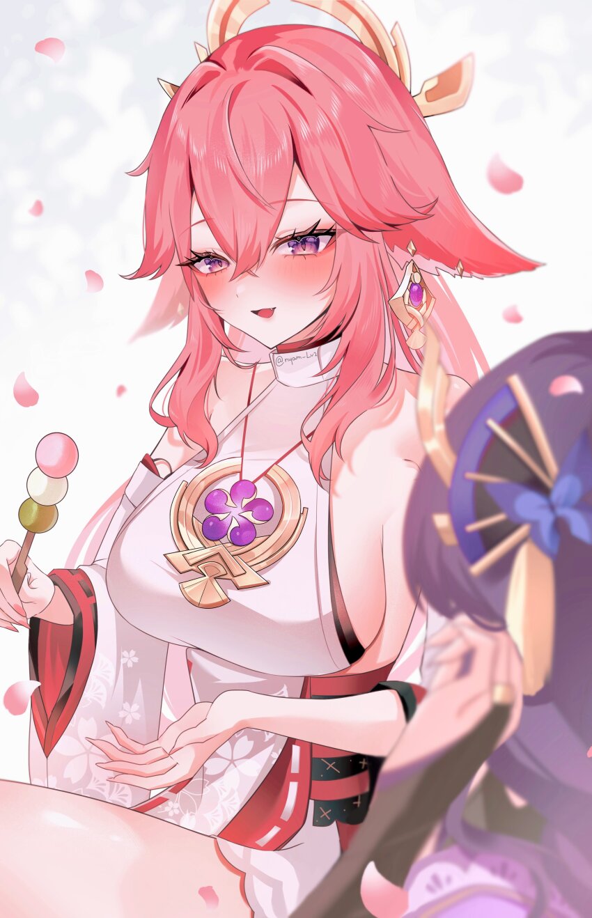 2girls absurdres animal_ears bare_shoulders breasts bridal_gauntlets commentary dango detached_sleeves earrings food fox_ears fox_girl genshin_impact hair_between_eyes hair_ornament highres holding holding_food jewelry large_breasts long_hair multiple_girls nyamo-lv0 open_mouth pink_hair purple_eyes purple_hair raiden_shogun shirt sleeveless sleeveless_shirt symbol-only_commentary twitter_username wagashi white_shirt yae_miko