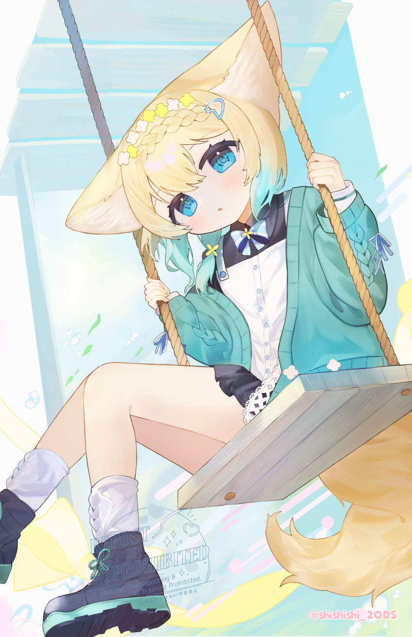 1girl absurdres animal_ears aqua_cardigan artist_name black_shoes blonde_hair blue_eyes braid cardigan commission crown_braid fox_ears fox_girl fox_tail highres looking_at_viewer miniskirt on_swing open_cardigan open_clothes original parted_lips shirt shishiodoshi shoes skeb_commission skirt socks solo swing tail twitter_username watermark white_shirt white_socks