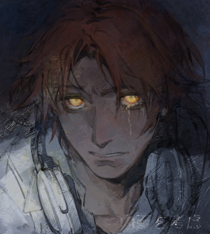 1boy brown_hair creamyghost dark glowing glowing_eyes hanamura_yousuke headphones headphones_around_neck highres light_frown looking_at_viewer male_focus persona persona_4 portrait shadow_yousuke shirt spot_color tears white_shirt yellow_eyes