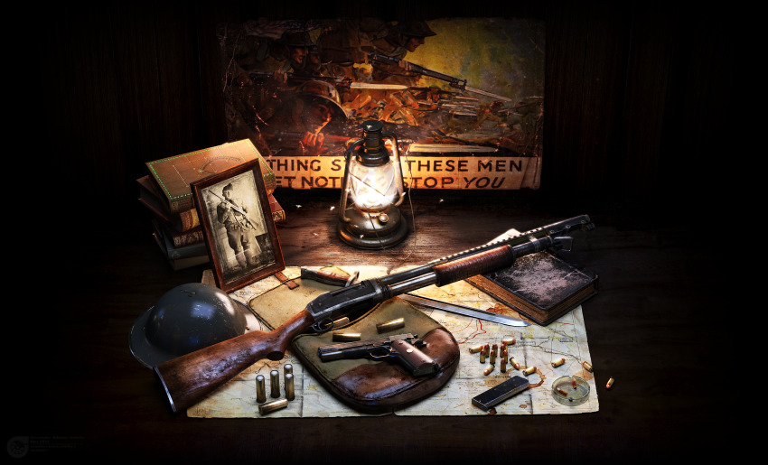 3d 4boys alexander_yartsev american_flag ammunition attack bag bayonet bolt_action book book_stack brodie_helmet brown_bag cartridge combat_helmet commentary dark dark_background english_commentary english_text facing_to_the_side game_cg gun handgun hat helmet highres holding holding_gun holding_weapon indoors lantern long_sleeves m1903_springfield m1911 magazine_(weapon) map_(object) messenger_bag military military_fatigues military_hat military_uniform multiple_boys open_bag pants photo_(object) picture_frame poster_(object) pump_action rifle shirt shotgun shoulder_bag soldier still_life united_states weapon weapon_focus winchester_model_1897 world_of_guns:_gun_disassembly world_war_i