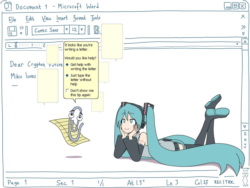 1girl aqua_eyes aqua_hair artist_logo artist_name black_boots black_skirt black_sleeves boots clippy collared_shirt commentary dated digiral english_commentary english_text feet_up grey_shirt hair_ornament hands_on_own_cheeks hands_on_own_face hatsune_miku headphones highres logo long_hair long_sleeves lying microsoft microsoft_office microsoft_word miniskirt number_tattoo office_assistant on_stomach pleated_skirt shirt skirt sleeveless sleeveless_shirt solo tattoo the_pose thigh_boots thighhighs twintails very_long_hair vocaloid white_background wide_sleeves window_(computing) zettai_ryouiki
