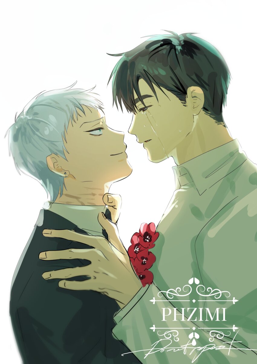 2boys absurdres alien_stage artist_name black_eyes black_jacket closed_eyes collared_shirt commentary crying crying_with_eyes_open english_commentary flower green_eyes grey_hair groom hand_on_another&#039;s_neck highres husband_and_husband ivan_(alien_stage) jacket male_focus multiple_boys phzimi000 red_flower scar scar_on_neck shirt short_hair smile suit_jacket tears till_(alien_stage) very_short_hair white_shirt yaoi