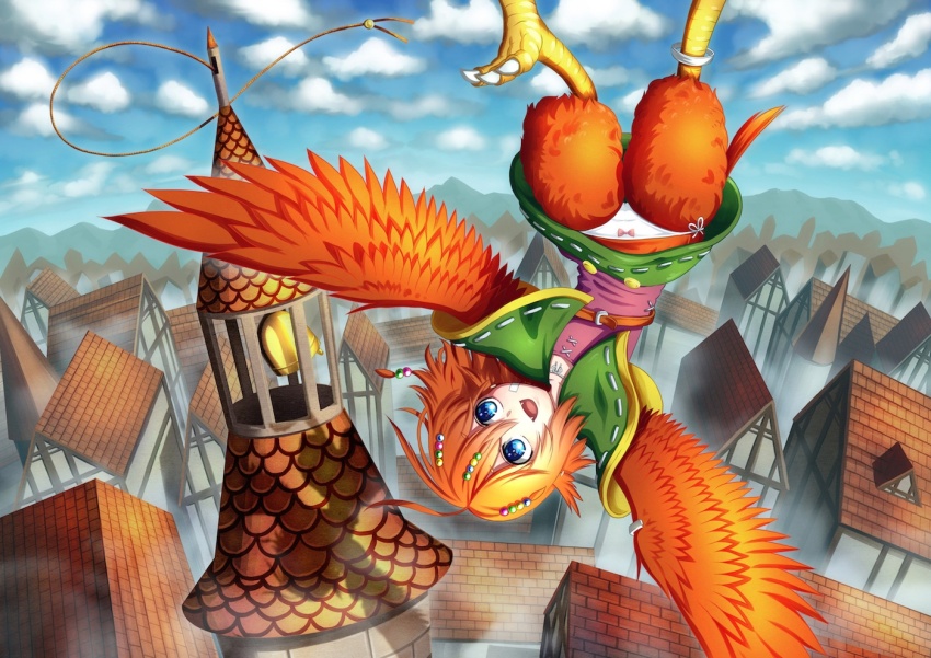 1girl akamiya_fumiya anklet bandage_on_face bandages bell_tower bird_legs blue_eyes bow bow_panties capelet cityscape cloud fangs feathered_wings flying green_capelet jewelry medium_hair open_mouth orange_feathers orange_hair orange_wings original panties pink_shirt roof_shingles shirt side-tie_panties sky solo talons underwear upside-down white_panties winged_arms wings