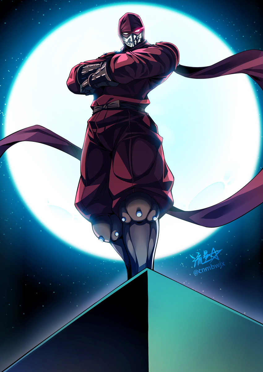 1boy arm_guards commentary crossed_arms fujikido_kenji full_moon glowing glowing_eye glowing_eyes highres male_focus mask moon mouth_mask night night_sky ninja ninja_slayer red_scarf ryuusei_(mark_ii) scarf signature simple_background sky solo twitter_username