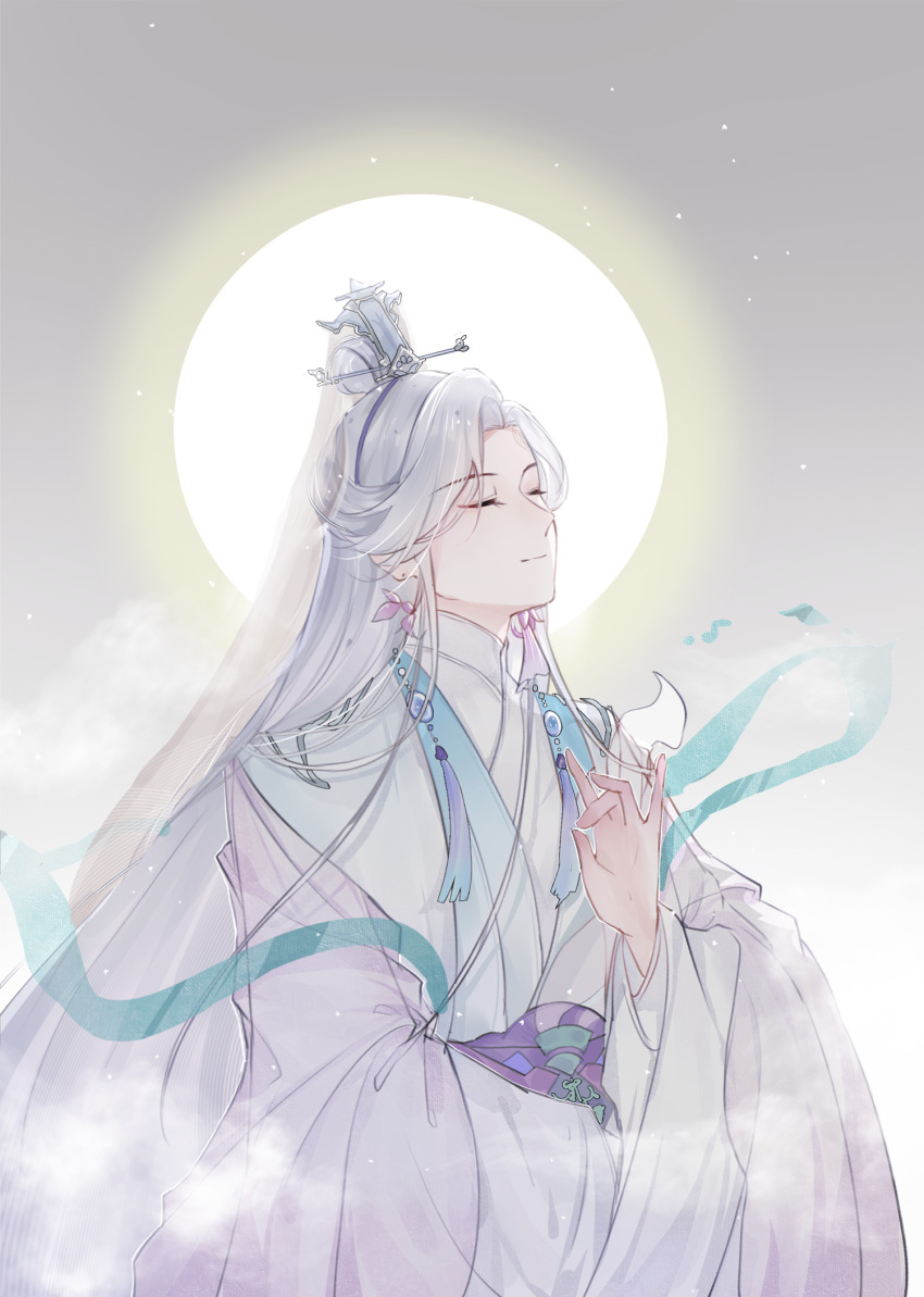 1boy aqua_shawl baiguigelierwan bodhisattva cael_anselm chinese_clothes closed_eyes closed_mouth coat curtained_hair earrings flower flower_earrings full_moon grey_background hagoromo hand_up hanfu highres jewelry light_particles long_hair lovebrush_chronicles male_focus moon open_clothes open_coat orchid_fingers parted_bangs pink_flower purple_coat purple_sash robe sash see-through_clothes see-through_coat shawl smile solo tassel topknot upper_body veil very_long_hair white_hair white_robe white_veil wide_sleeves xiao_guan_(headdress)