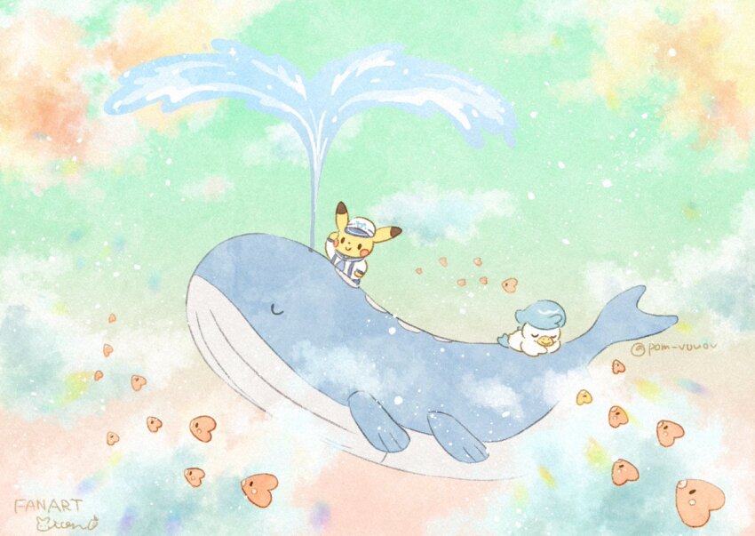artist_name closed_eyes clothed_pokemon game_freak gen_1_pokemon gen_3_pokemon luvdisc mian_(user_kwcj2833) nintendo no_humans pikachu pokemon pokemon_(creature) quaxly sailor sleeping wailored waterspout