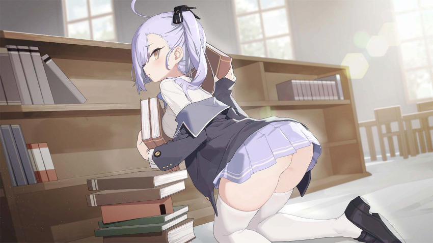 1girl ahoge artist_request ass asymmetrical_bangs azur_lane black_jacket black_shoes blazer blush book book_stack bookshelf bow breasts chair day dutch_angle from_behind grey_hair hair_ornament hair_over_one_eye highres holding holding_book indoors jacket kneeling library loafers long_hair long_sleeves looking_at_viewer looking_back medium_breasts miniskirt non-web_source oceana_(azur_lane) off_shoulder official_art open_mouth parted_lips pleated_skirt purple_skirt ribbon school_uniform shirt shoes side_ponytail siren_(azur_lane) skindentation skirt solo sunlight thighhighs thighs white_shirt white_thighhighs window yellow_eyes zettai_ryouiki