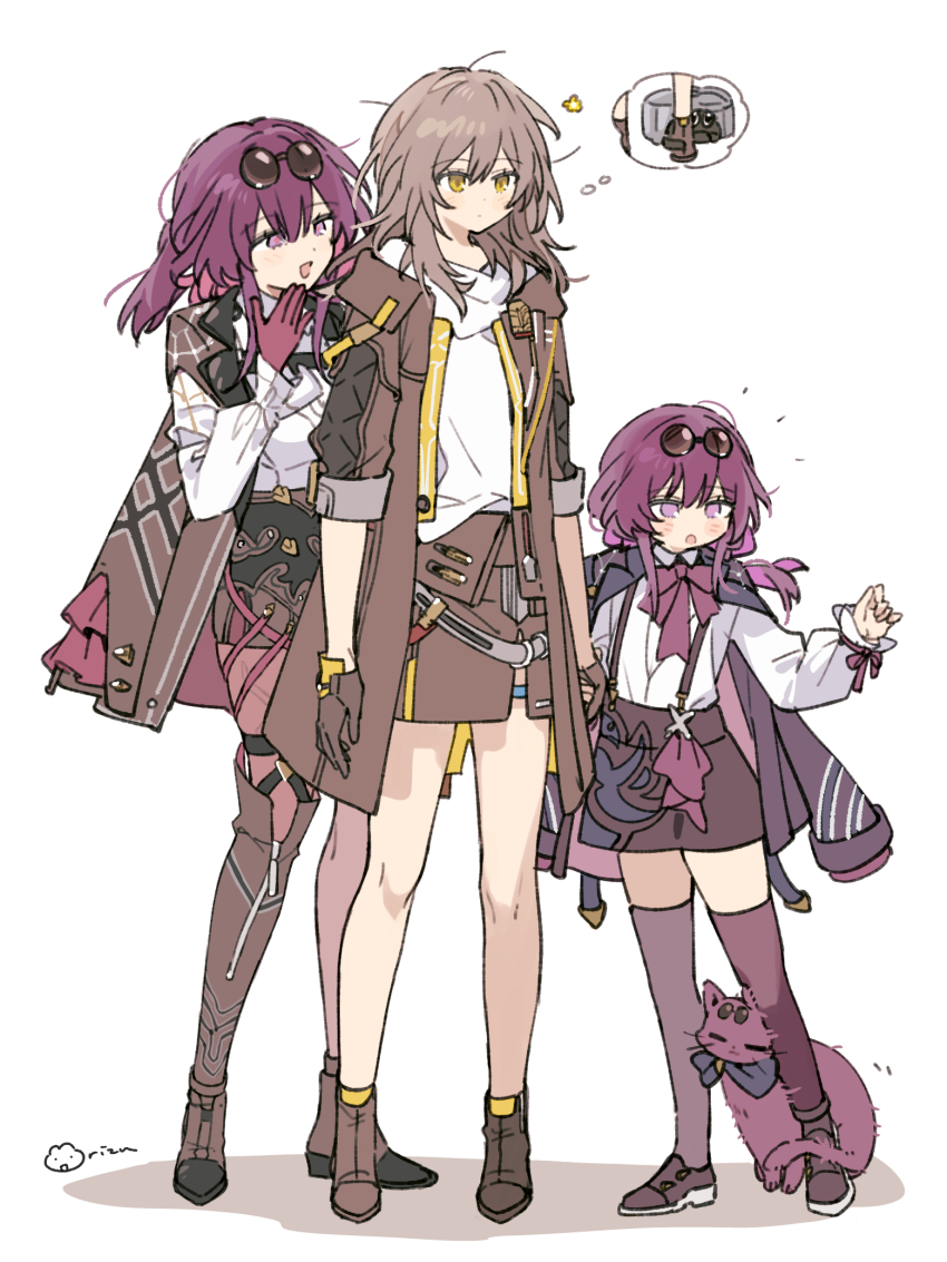3girls ankle_boots blush boots cat closed_mouth collared_shirt eyewear_on_head gloves grey_hair hair_between_eyes hand_on_own_face hand_up high_heel_boots high_heels highres holding_hands honkai:_star_rail honkai_(series) jacket kafka_(honkai:_star_rail) long_hair long_sleeves messy_hair multiple_girls neck_ribbon open_clothes open_jacket open_mouth pantyhose purple_cat purple_eyes purple_gloves purple_hair ribbon rizu033 round_eyewear shirt shoes simple_background skirt smile speech_bubble stelle_(honkai:_star_rail) sunglasses thigh_strap thighhighs thighs thought_bubble trailblazer_(honkai:_star_rail) white_background white_shirt yellow_eyes
