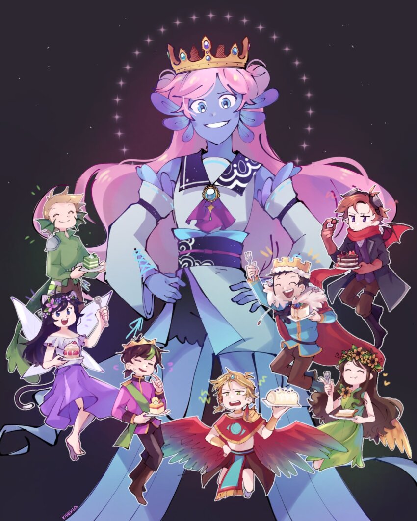 3girls 5boys adapted_costume animification axolotl_girl bat_wings bird_wings cake cat_girl chibi crown eating empires_smp fairy fairy_wings fish_boy food fwhip fwhip_(count) gem hands_on_own_hips highres joey_graceffa joey_graceffa_(jungle_emperor) katherine_elizabeth katherine_elizabeth_(house_blossom) kisekiii_25 ldshadowlady ldshadowlady_(ocean_queen) minecraft_youtube mini_person miniboy minigirl multiple_boys multiple_girls mythicalsausage mythicalsausage_(lord) pearlescentmoon pearlescentmoon_(farmer) smallishbeans smallishbeans_(mezalea) smile solidaritygaming solidaritygaming_(codfather) wings