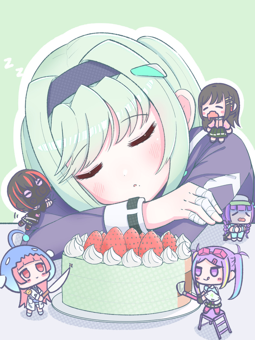 6+girls absurdres arcshizuku black_hairband chibi date_akari green_hair hairband happy_birthday heaven_burns_red highres ishii_iroha jacket long_hair mikoto_fubuki mizuhara_aina mole mole_under_mouth multiple_girls murohushi_risa nikaidou_misato sidelocks sleeping solo_focus twintails