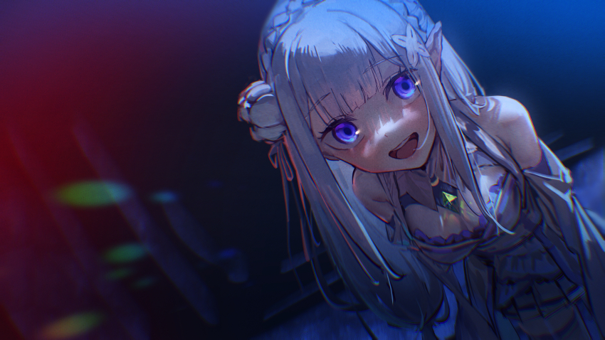 1girl absurdres bare_shoulders braid breasts cleavage crazy_smile crown_braid dress elf emilia_(re:zero) flower gem green_gemstone hair_flower hair_ornament hair_ribbon highres leaning_forward long_hair looking_at_viewer medium_breasts open_mouth pointy_ears purple_eyes purple_ribbon re:zero_kara_hajimeru_isekai_seikatsu ribbon rose smile solo thighhighs white_flower white_hair white_rose x_hair_ornament yu_hydra