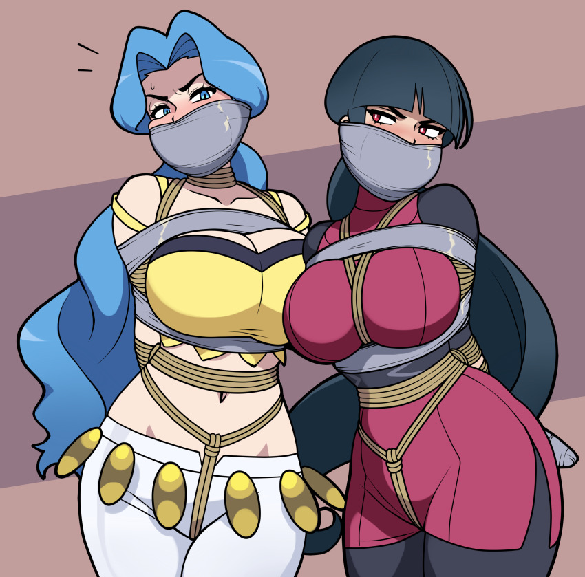 2girls arms_behind_back bdsm belly bondage bound bound_arms bound_legs collarbone crotch_rope female_focus gag gagged game_freak highres improvised_gag jam-orbital karen_(pokemon) midriff multiple_girls navel nintendo peril pokemon pokemon_(creature) pokemon_frlg pokemon_hgss restrained sabrina_(pokemon) tape tape_bondage tape_gag taped_arms taped_fingers taped_hands