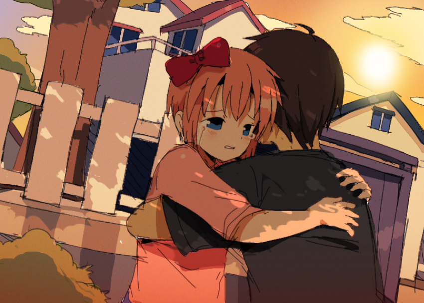 1boy 1girl bendedede black_hair blue_eyes bow commentary crying crying_with_eyes_open doki_doki_literature_club english_commentary evening hair_bow handheld_game_console highres hug nintendo_ds orange_hair outdoors protagonist_(doki_doki_literature_club) red_bow sad sayori_(doki_doki_literature_club) scene_reference short_hair symbol-only_commentary tears