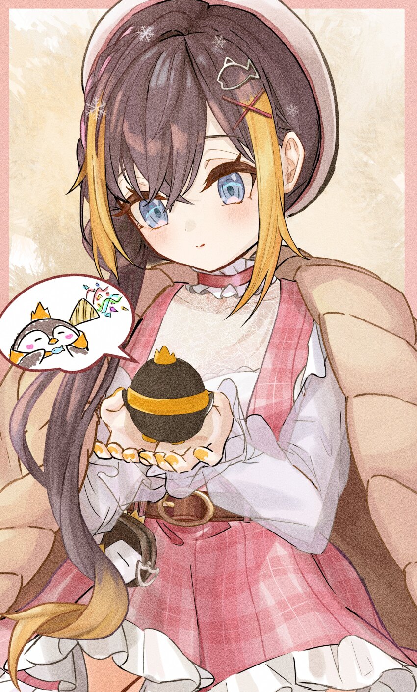 1girl absurdres animal beret black_hair blonde_hair blue_eyes blush commentary confetti dontsu dress english_commentary fish_hair_ornament frilled_dress frills hair_between_eyes hair_ornament hat highres holding holding_animal long_hair multicolored_hair nijisanji nijisanji_en party_popper pentomo_(petra_gurin) petra_gurin petra_gurin_(3rd_costume) pink_dress pink_hair plaid_clothes plaid_dress smile speech_bubble streaked_hair virtual_youtuber yellow_nails