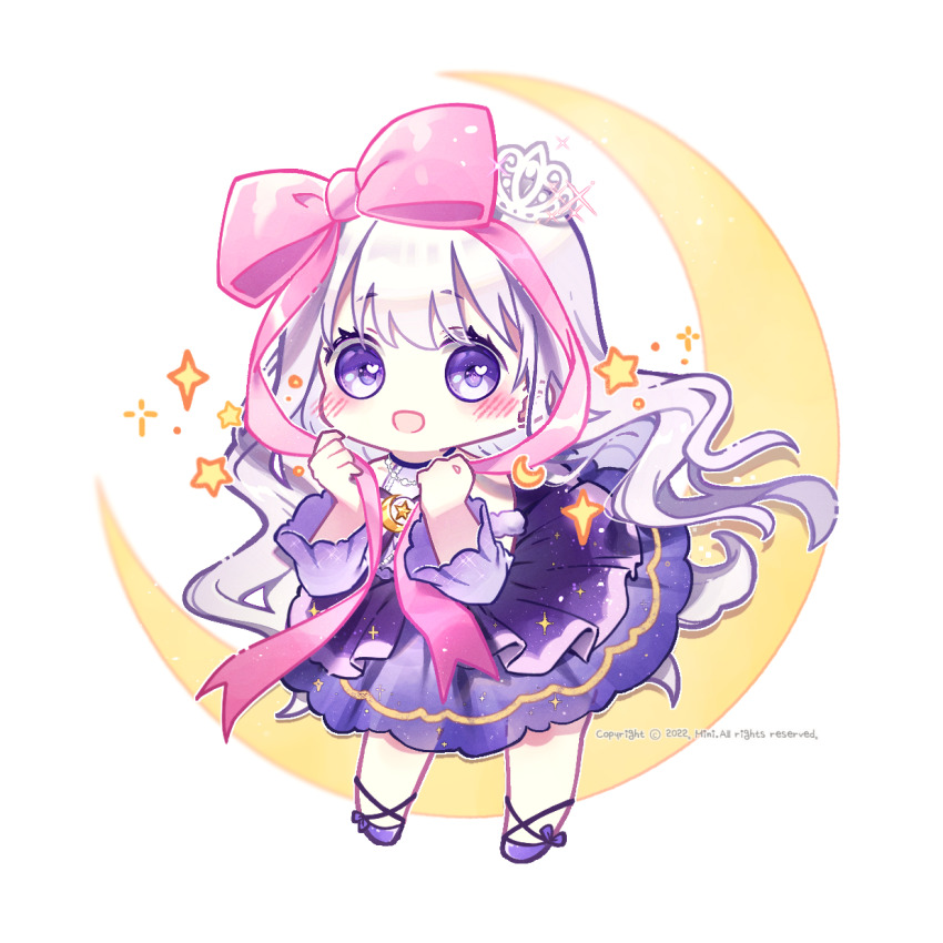 1girl :d bare_shoulders blush bow chibi commission crescent danby_merong detached_sleeves dress hair_bow hands_up heart heart_in_eye highres long_hair looking_at_viewer open_mouth original pink_bow purple_dress purple_eyes purple_shoes purple_sleeves shoes silver_hair simple_background smile solo sparkle star_(symbol) symbol_in_eye tiara tilted_headwear very_long_hair white_background